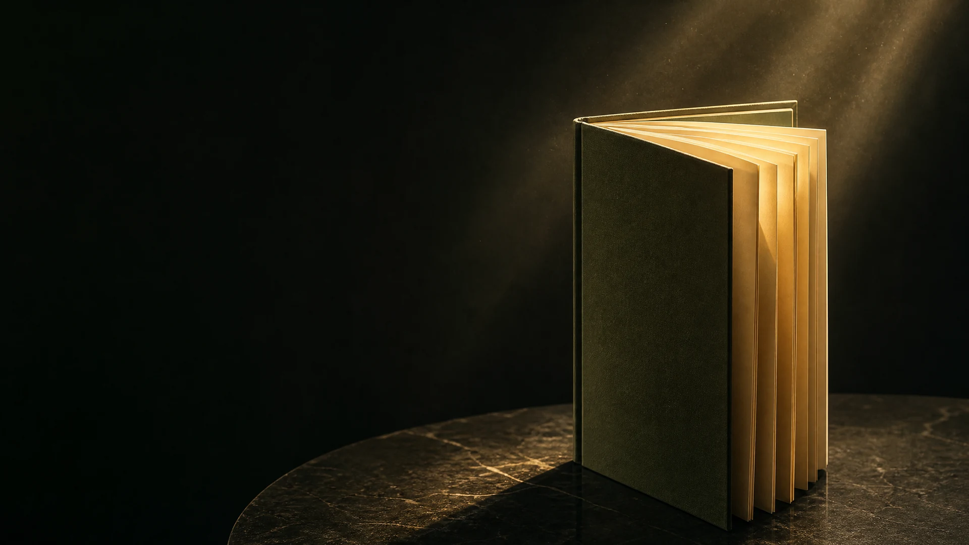 Livro de capa escura aberto, com páginas iluminadas em dourado